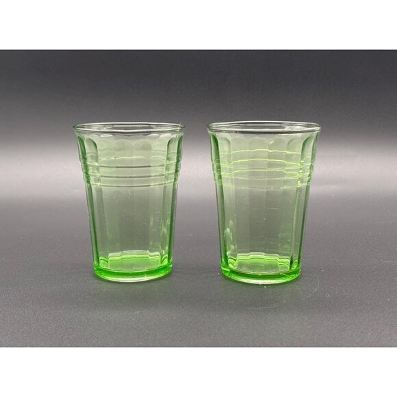 Vintage Hazel Atlas Moderntone Green Uranium Depression Glass Drinking Glasses - Picture 2 of 8